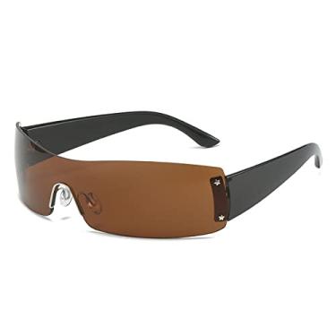 Imagem de Óculos de sol estilo retangular vintage sem aro para mulheres Óculos de sol gradiente de uma peça masculino Hip Hop Tons legais, chá preto, com estojo