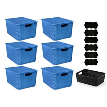 Imagem de Kit C/ 6 Caixas Organizadoras Rattan 7L C/Tampa + Cesto Decortativo + 6 Etiquetas Lousa Cor:Azul
