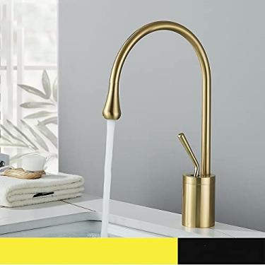 Imagem de Torneira de lavatório de banheiro de ouro escovado alavanca única 360 bico de bronze quente frio misturador de água torneira de pia para cozinha, ouro escovado médio