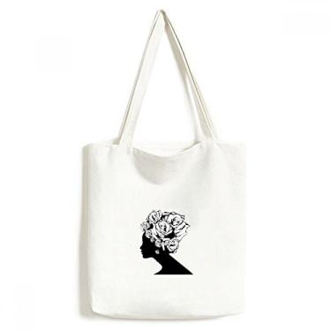 Imagem de Bolsa de lona feminina rosa preta e branca flor sacola de compras bolsa casual bolsa de compras
