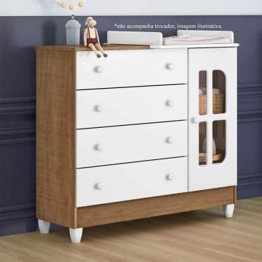 Imagem de Cômoda Infantil Bebê Gabrielle 4 Gavetas com Porta Fraldário Branco com Bétula Carolina Baby