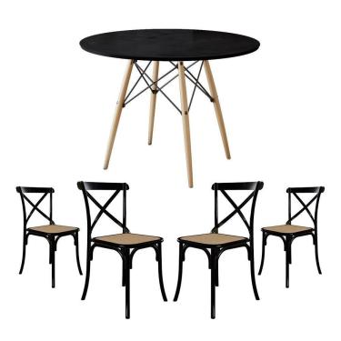 Imagem de Conjunto De Mesa Eiffel Redondo Tampo De Madeira 110Cm Preto Com 4 Cadeiras Katrina Preto