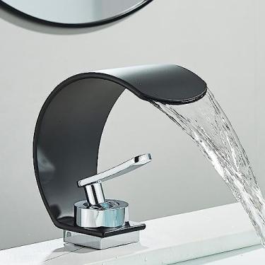 Imagem de Torneira de pia de banheiro de estilo fino Misturador de água quente e fria Torneira de pia de vaso montada em cascata, preto cromado B, tamanho único