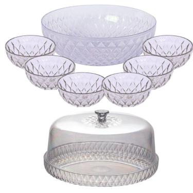 Imagem de Kit boleira baixa, saladeira e 6 tigelas de plástico Cristal incolor Plasutil