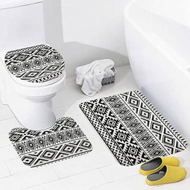 Imagem de Conjunto de tapetes de banheiro 3 peças étnicas preto, branco, boêmio, geométrico, lavável, tapete antiderrapante, tapete de contorno e tampa para banheiro