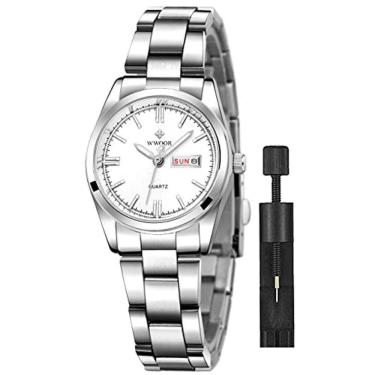 Imagem de Banda de aço inoxidável de prata feminina relógios moda quartzo analógico relógio senhoras relógio vestido