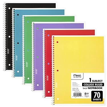 Imagem de Cadernos espirais de hidromel, 6 pacotes, 1-assunto, papel de regra da faculdade, 10-1/2 x 7-1/2, 70 folhas por caderno, cores variadas (73065)