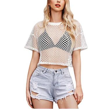 Imagem de Avidlove Camiseta feminina arrastão malha top sexy manga curta rede top cropped novo XGG branco XX_Grande