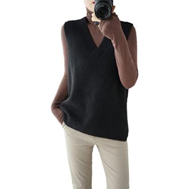 Imagem de Casual solto 100% suéter de caxemira colete feminino de malha de cor sólida sem mangas suéter pulôver (preto XXL)
