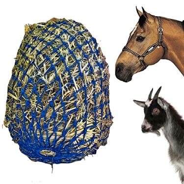Imagem de Majestic Ally Furos de 5 cm x 5 cm de alimentação lenta rede de feno muito resistente de 101,6 cm com anel inferior para cavalos desejosos, corda de monofilamento de nylon, alimentador ajustável para trailer, barraca, uso portátil (azul royal)