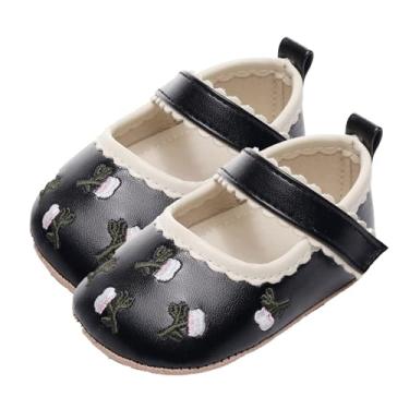 Imagem de Sapatos de meias infantis com estampa floral, sapatos de princesa, sandálias de primeira caminhada com gancho, Preto, 6-12 Meses