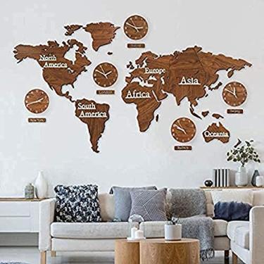 Imagem de Mapa mundi de madeira 3d com relógios conjunto-marrom 220x120 cm mdf relógios mundiais de parede escudo continentes países decoração de parede