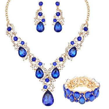 Imagem de CSY Conjunto de brincos de colar de noiva elegante para noiva, dama de honra, casamento, gota, cristal, joias, conjuntos de joias, 16-19 in, Banhado a ouro, Cristal