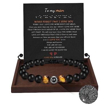 Imagem de Pulseiras de contas para homens 100 idiomas I Love You Gifts for Him Pulseiras de projeção para pai, avô, irmão, filho, marido, neto, olho de tigre, pulseira masculina, ajustável, aniversário, Natal, joia, adjustable, Pedra, Sem pedras preciosas