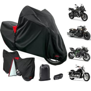 Imagem de XYZCTEM Capa de motocicleta premium de 18 camadas à prova d'água para todos os climas à prova de intempéries UV proteção solar neve poeira tempestade alta resistência ao calor durável furos de bloqueio e zíper lateral e bolsa de armazenamento cabe em motores de até 96 polegadas