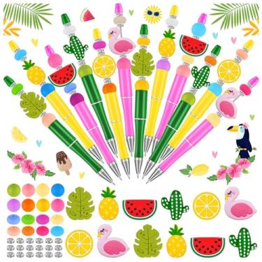 Imagem de FFNIU Canetas Hawaii com miçangas, canetas de plástico com 12 peças de contas de silicone, cacto, flamingo, melancia para presentes de verão, material escolar e escritório