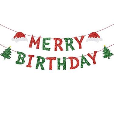 Imagem de Faixa de Feliz Aniversário Vermelho e Verde Glitter Árvore de Natal Guirlanda Grinch Faixa de Aniversário de Natal para Escritório em Casa Lareira Manto de Natal Aniversário Natal Chá de Bebê Férias