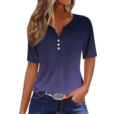 Imagem de Camiseta feminina moderna casual listrada com botão patchwork manga curta pêssego feminina fofa, Azul marino, XXG