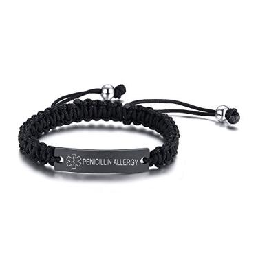 Imagem de VNOX Pulseira de identificação de alerta médico ajustável com corda trançada feita à mão para adultos e crianças, 15 a 23 cm, adjustable 6.7 inches-11.4 inches (170MM-290MM), Aço inoxidável Couro