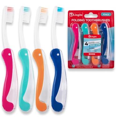 Imagem de Lingito Escovas de dentes de viagem médias, mini escova de dentes com capa de escova de dentes, escova de dentes de acampamento, escova de dentes dobrável para viagem, kit de escova de dentes para