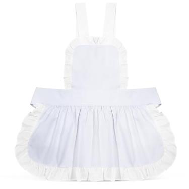 Imagem de Avental branco unissex com babados, avental de empregada, avental de algodão ajustável, avental fofo para pizza, avental de garçonete/1688