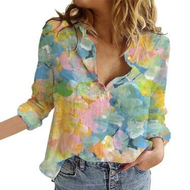 Imagem de Camisetas femininas casuais de verão com estampa floral com botões e mangas compridas blusas elegantes confortáveis e leves, Azul, P
