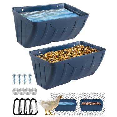Imagem de Alimentadores de frango, pacote com 2, alimentadores e bebedouros de pato, alimentador de água para aves de capoeira, alimentador de cerca de gado, calha de alimentação e balde bebedouro com clipes,