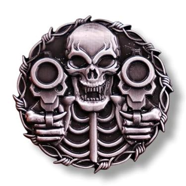 Imagem de Crachá de pino esmaltado de caveira esqueleto duas pistolas pistolas Gunslinger Duel Holdup 3,8 cm, 1.5 Inches Wide, Esmalte, Esmalte