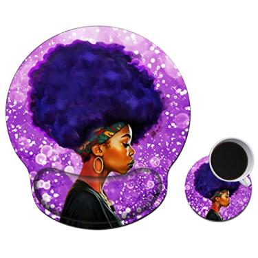 Imagem de Tapete de rato com gel de suporte de pulso, tapete de rato ergonómico AUOX com descanso de pulso confortável, base de PU antiderrapante para jogos de mousepad para portátil escritório fácil digitação e alívio da dor, mulheres africanas com cabelo roxo