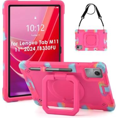 Imagem de DETUOSI Capa compatível com Lenovo Tab M11/K11 LTE de 11 polegadas (TB-330FU/330XU), capa protetora à prova de choque com alça de ombro, suporte giratório 360 para Lenovo Tab M11, camuflagem rosa