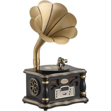 Imagem de Fonógrafo retrô, toca-discos de imitação de vinil de plataforma giratória BT com buzina de cobre, alto-falantes duplos de alta fidelidade integrados, para decoração de escritório/casa, preto