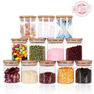 Imagem de Kit 12 Potes De Vidro Hermetico Tempero Tampa De Bambu 550ml - Offerbe