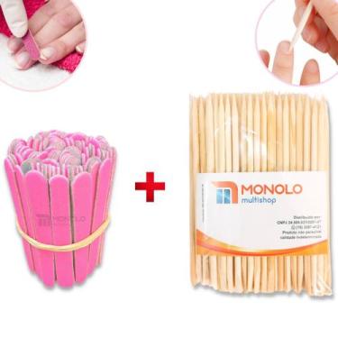 Imagem de Kit 100 Lixas de Unha Mini + 100 Palitos Manicure Pedicure Descartável
