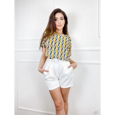 Imagem de Blusa estampada viscose gola rasa manga curta com recorte e botões mod