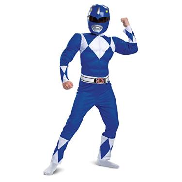Imagem de Fantasia de Power Ranger azul, tamanho infantil, macaquinho e máscara acolchoados com personagens musculosos, tamanho infantil clássico médio (7-8)