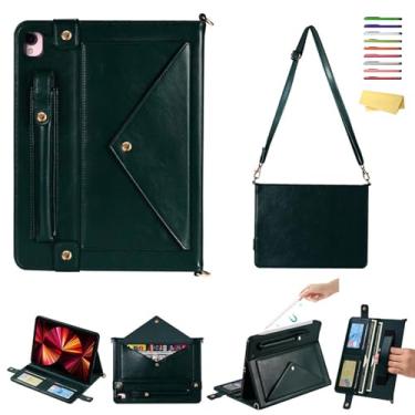 Imagem de UUcovers Capa tiracolo para iPad 9ª/8ª/7ª geração, com suporte para lápis/bolsos [alça de ombro/alça de mão] Capa carteira magnética envelope para iPad de 10,2 polegadas 2021/2020/2019, verde escuro