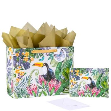 Imagem de LeZakaa Saco de presente de florestas tropicais de 33 cm, bolsa de presente média de verão com papel de seda, etiqueta de presente e cartão para aniversário, armazenamento, celebração de compras