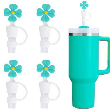 Imagem de Amreich Coberturas de palha - capas de palha de flor azul-petróleo para copo Stanley 4 peças tampa de silicone reutilizável capa de palha 1 cm acessórios fofos de palha