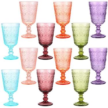 Imagem de Eaasty Conjunto de 12 taças de vinho vintage 255 g Taça de vidro colorido vintage para bebidas copos de vidro com haste romântica em relevo para festa de casamento, feriados, aniversário (várias cores