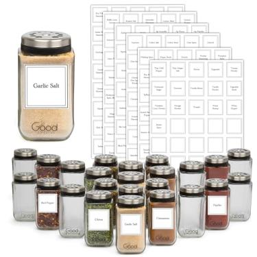 Imagem de Frascos de tempero de vidro ajustáveis (conjunto de 24) com etiquetas pré-impressas - 240 adesivos incluem 24 espaços em branco - decalques removíveis - Coqueteleira de temperos para pimenta, páprica,