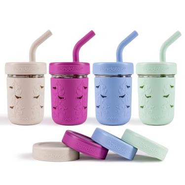 Imagem de Pandaloo® Copo infantil Mason Jar - Copo de vidro à prova de derramamento de 227 g com canudo e tampa de silicone, manga antiderrapante, copos de lanche infantis sem BPA - Copos de smoothie perfeitos