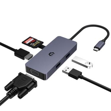 Imagem de Hub multiportas USB C, adaptador USB C 6 em 1, tela tripla USB C para HDMI, VGA, dongle para laptop e tablet tipo C, hub USB C multiportas com leitor de cartão USB A, SD/TF