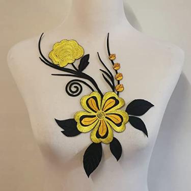 Imagem de 1 peça grande bordado de flores com apliques de ferro (11,8 x 7,23 cm, com cola na parte de trás) (amarelo)