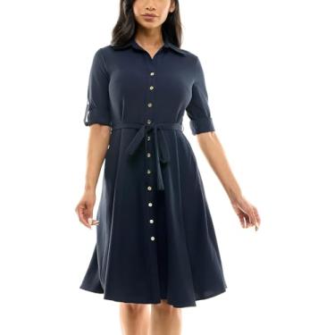 Imagem de Sharagano Vestido feminino casual com botões frontais plissados, Azul-marinho profundo, 15 Plus Size