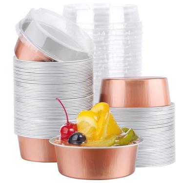 Imagem de EUSOAR Forros de cupcake de ouro rosa, 100 peças de copos descartáveis de folha de alumínio de 142 g com tampas, mini forros de cupcake de folha de alumínio, copos de ramequins com tampas para assar