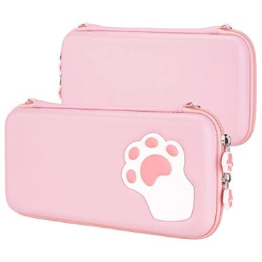 Imagem de eXtremeRate PlayVital Pink Switch Lite Estojo de transporte para viagem, bolsa rígida portátil com pata de gato, forro de veludo macio para Nintendo Switch Lite com alças para polegar, 10 compartimentos para cartões de jogo, bolso interno