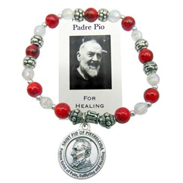 Imagem de Westmon Works Conjunto de pulseira de estanho de São Pio com pingente e contas de vidro, acessório inclui cartão de oração sagrada feito na Itália