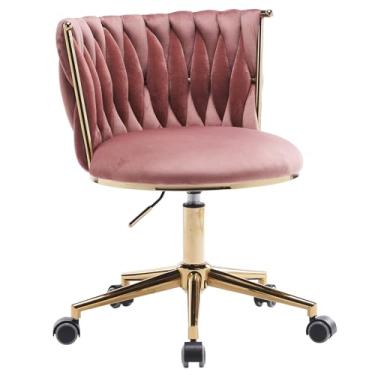 Imagem de Cadeira de escritório de veludo, cadeira de escritório ergonômica estofada com 5 rodas giratórias ajustáveis, altura de elevação de 44 a 54 cm, para sala de estar, quarto, escritório, rosa, conforme