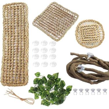 Imagem de PINVNBY Rede de dragão barbudo com ventosas, espreguiçadeira lagarto répteis de algas marinhas naturais redes acessórios de tanque de répteis plantas da selva trepadeiras folhas habitat decoração para