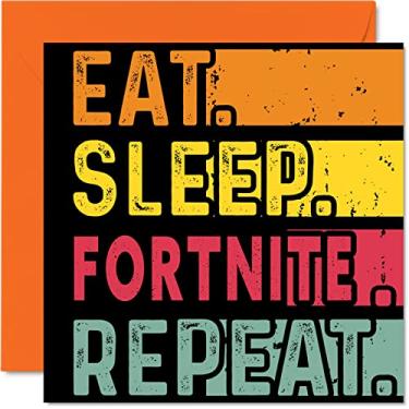 Imagem de Cartão de aniversário engraçado para ela ou ele - Eat, Sleep, FN, Repeat - Cartões de feliz aniversário para amantes de jogos de vídeo, presentes de 145 mm x 145 mm Cartões de aniversário para todas as ocasiões, crianças ou adultos